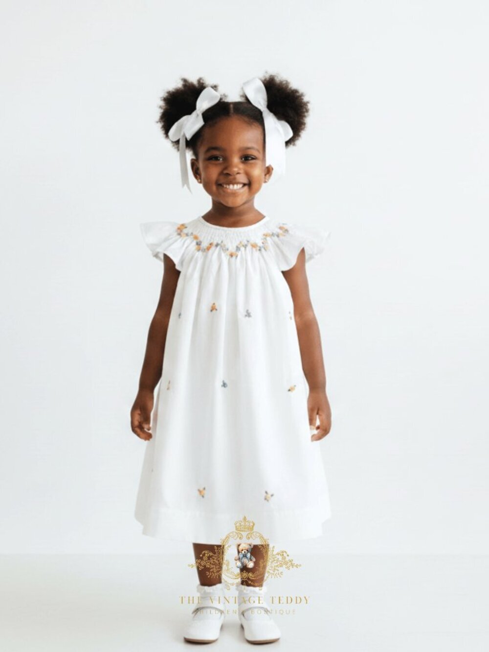 NWT Pretty Girls Embroidered Smocked Bishop Dress Spring Flowers White 11Y